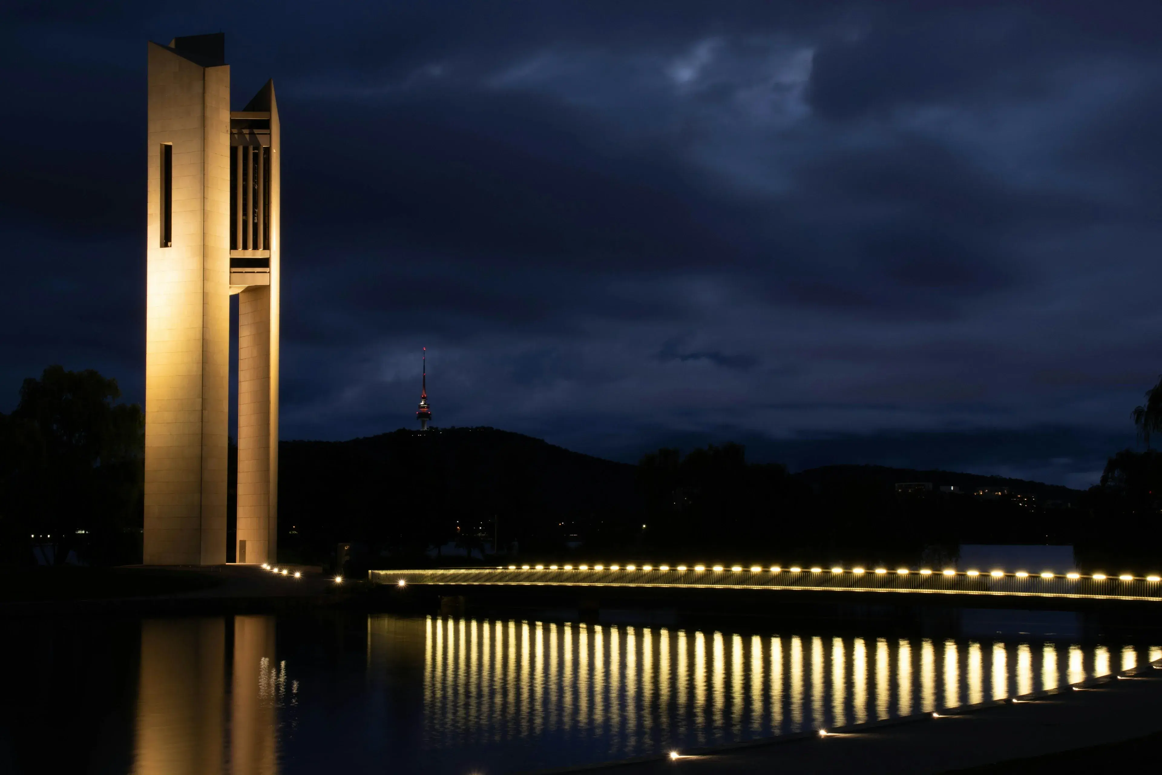 Lights reflected on Lake Burley Griffin, Canberra, at night