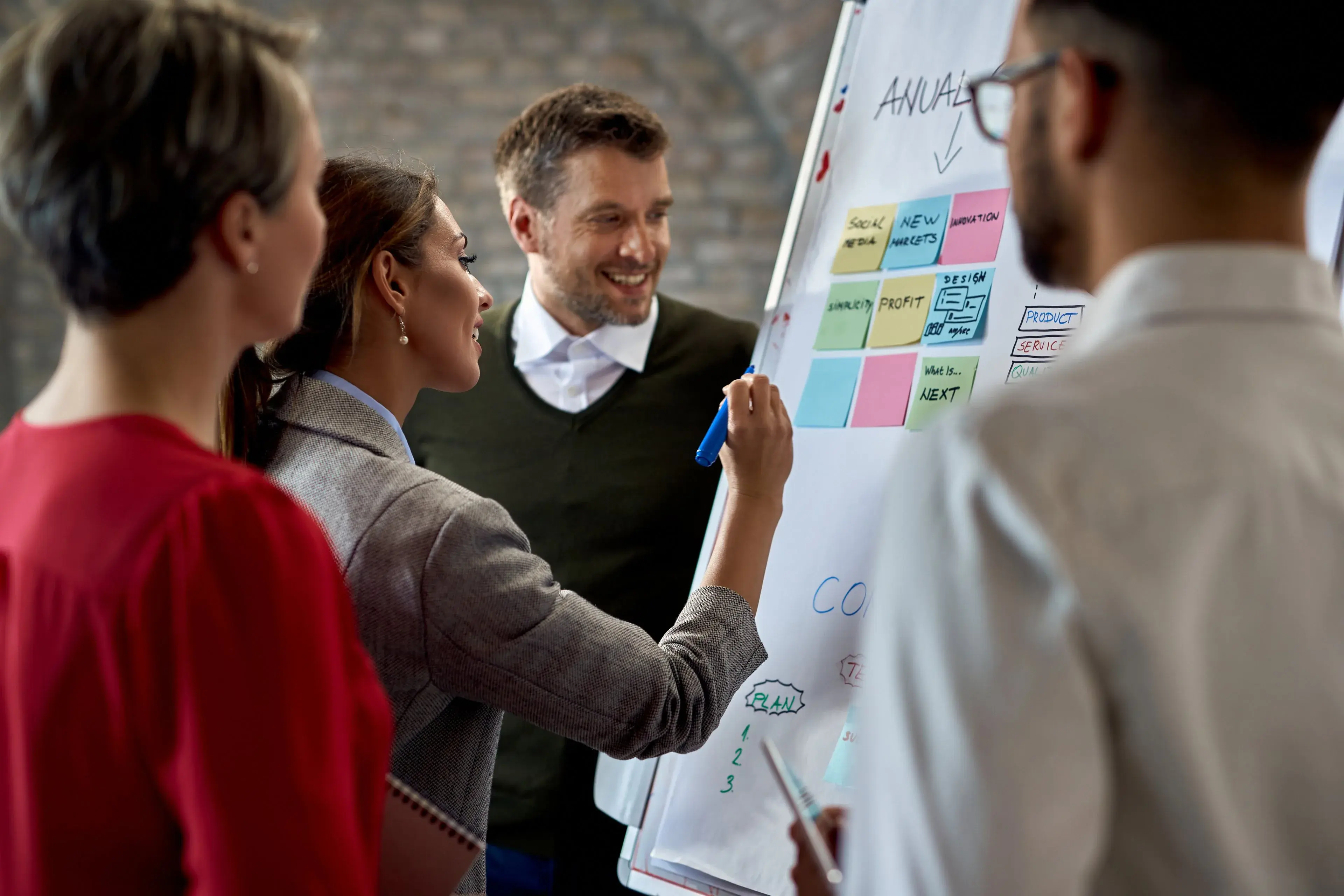 A team planning on a whiteboard in an office