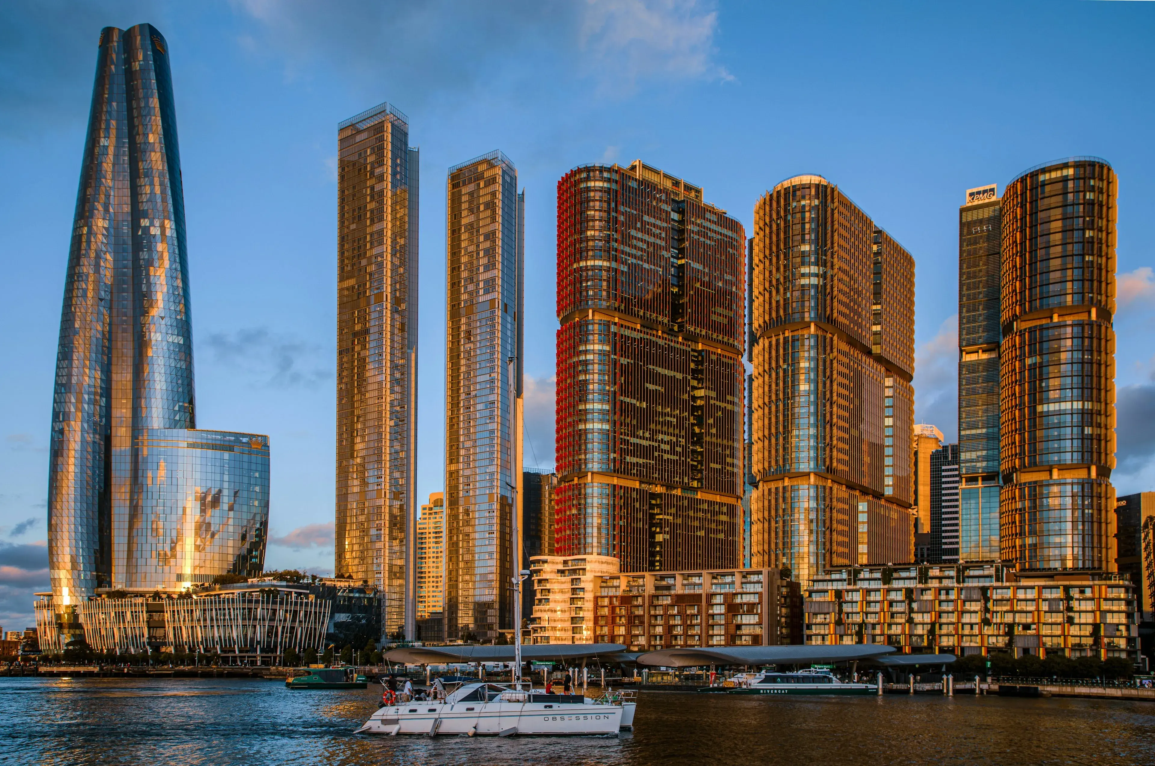 Barangaroo towers in Sydney reflecting golden sunset light