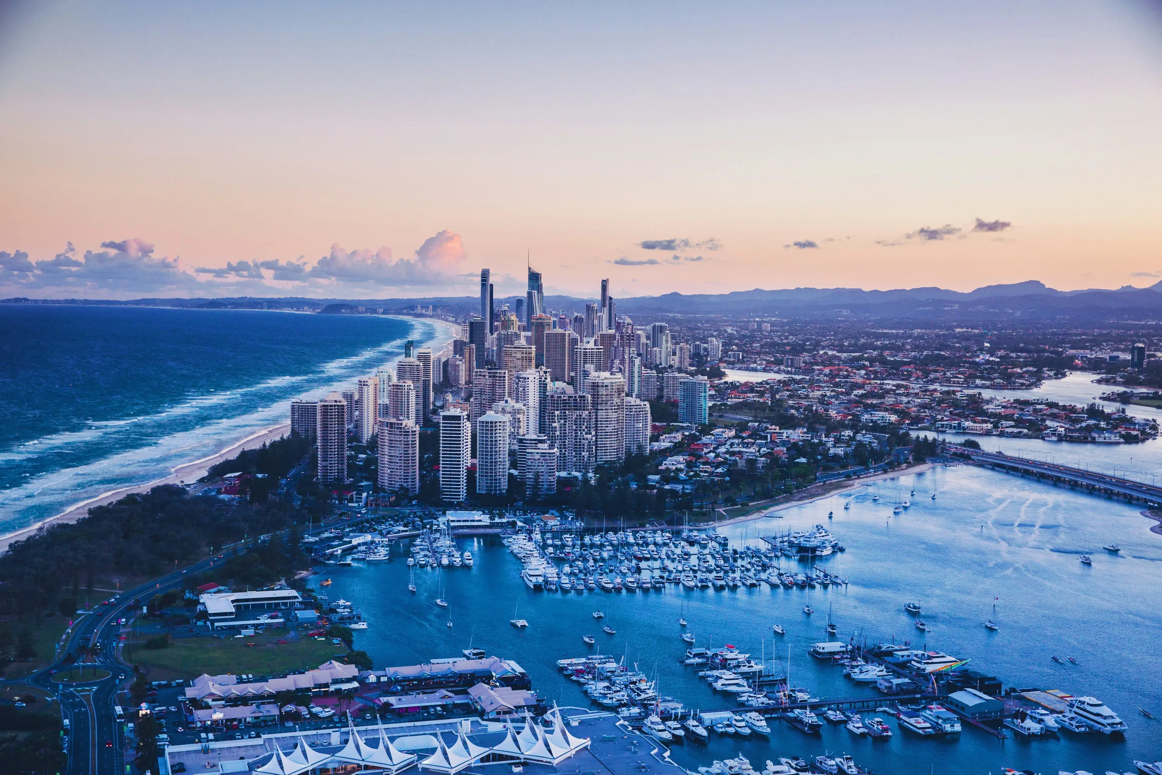 Aerial view of the Gold Coast skyline, beaches and Broadwater