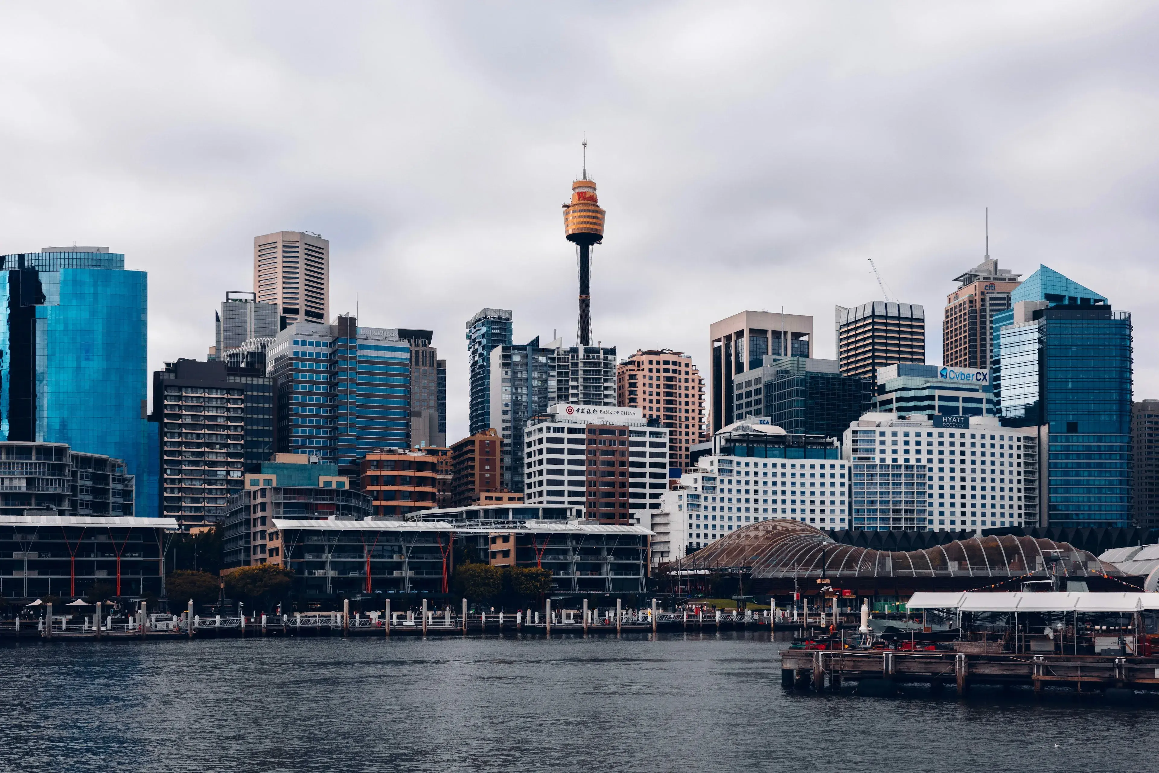 Sydney city skyline and Sydney Tower seen from the harbour