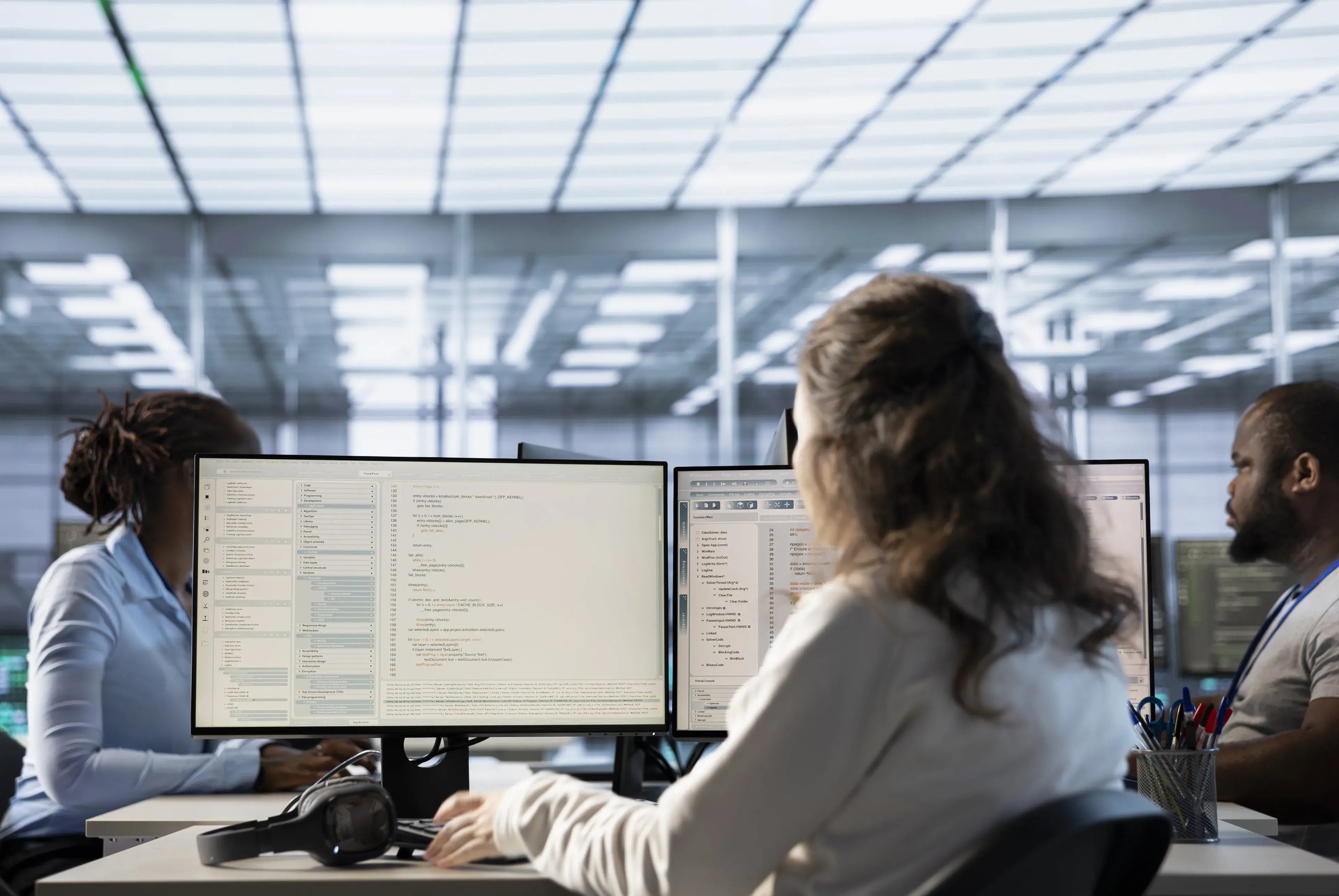 A team working across several monitors in an open-plan office